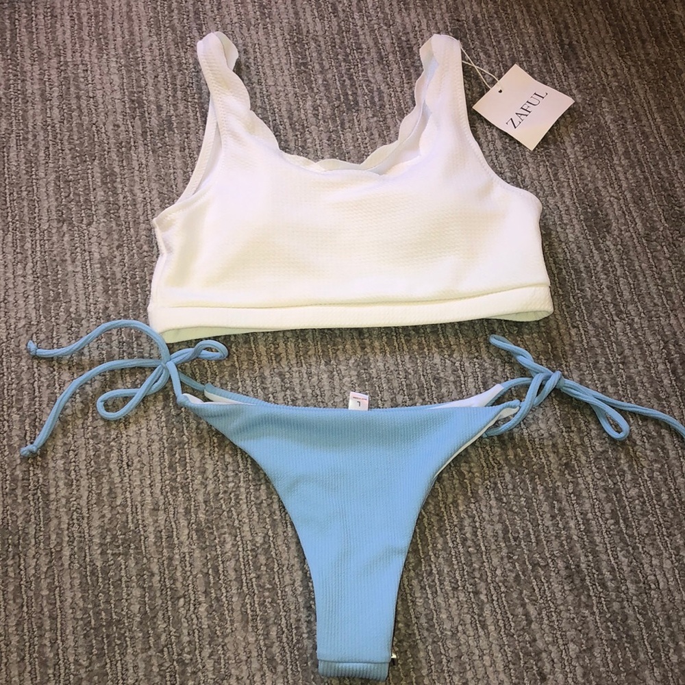 Zaful scalloped bikini top and light blue bottoms